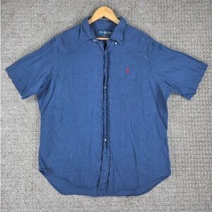 Ralph Lauren Mens XL Blue 100% Linen Short Sleeve Button Down Shirt Classic Fit